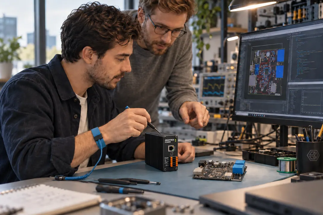 Illustratieve impressie van engineers die elektronica en software voor Smartbox ontwikkelen