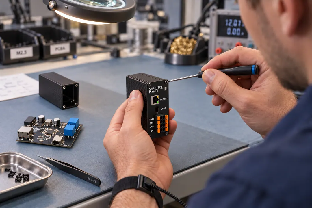 Illustratieve impressie van een technicus die de Smartbox Regular assembleert
