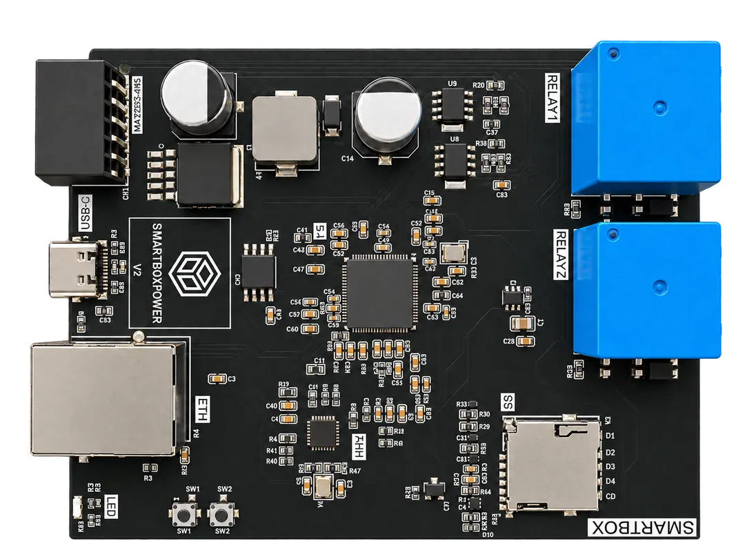 Gerenderde Smartbox Regular-printplaat met processor, communicatiepoorten, relais en SD-kaartslot