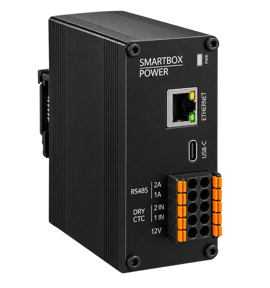 Smartbox Regular: energiemanagementsysteem met geribde aluminium behuizing, Ethernet, USB-C en oranje aansluitklemmen